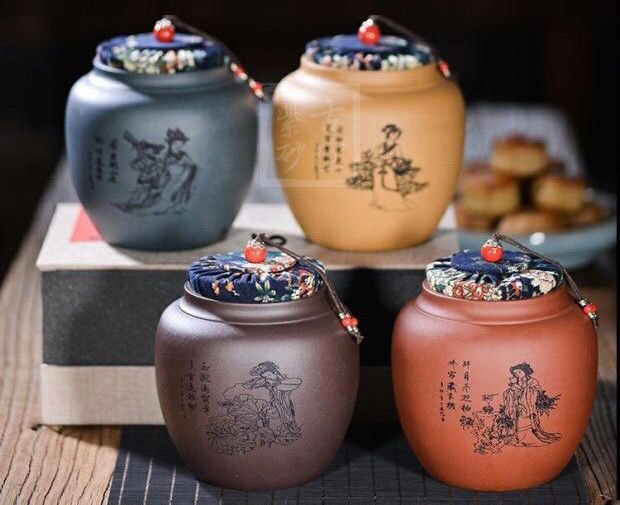 《四大美女茶葉罐》宜興紫砂壺手工紫泥，段泥，紅清水泥，天青泥茶壺具